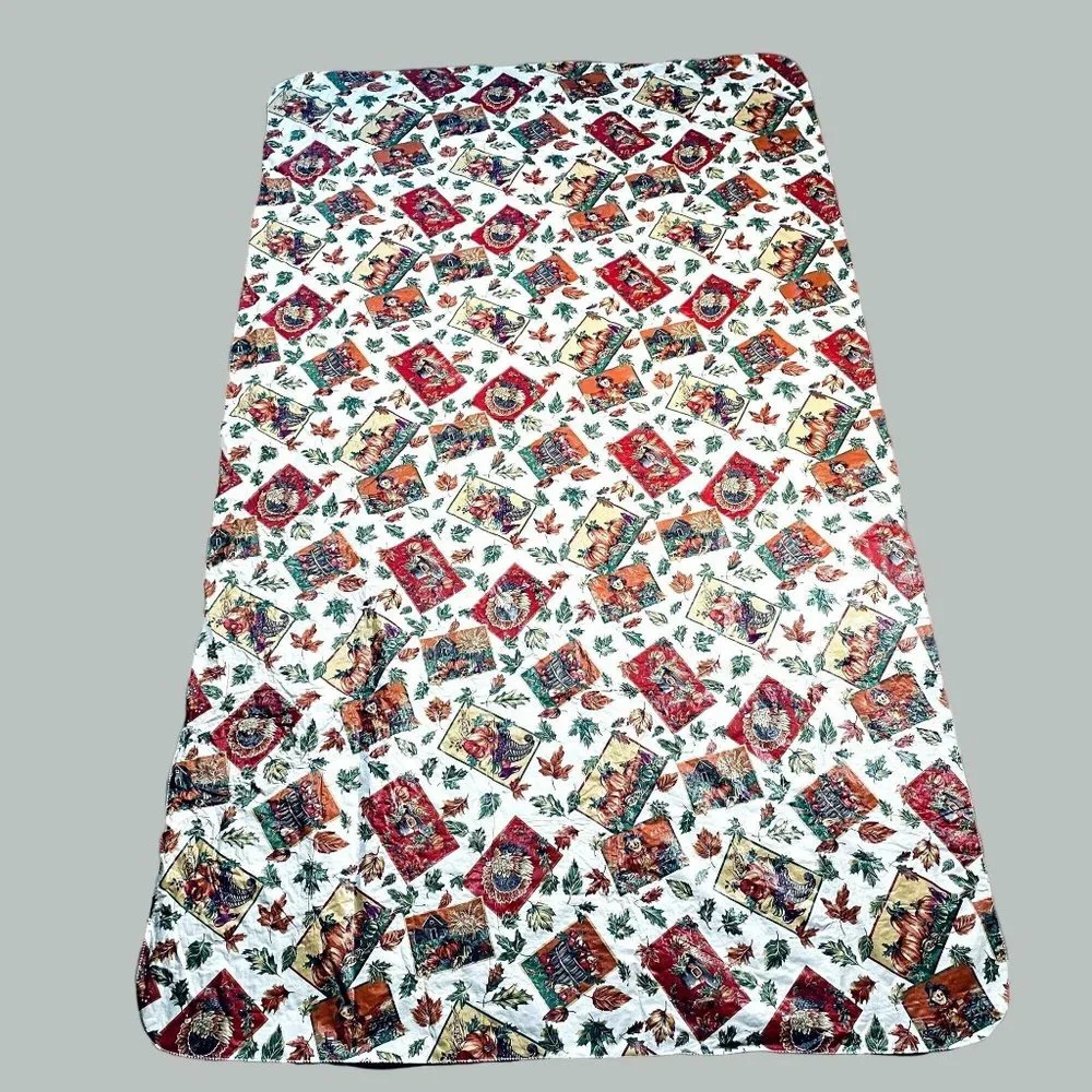 Vintage Vinyl Oblong Table Cover Tablecloth Fall Thanksgiving Turkey Scarecrow